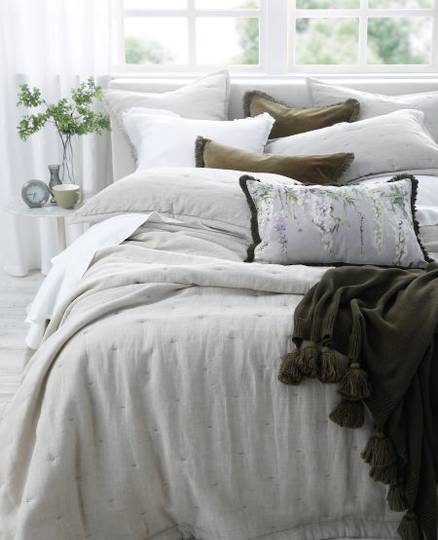 MM Linen Laundered Linen Bedspread Set.  Extras - Quilted Euros and Tassel Pillowcases - Natural